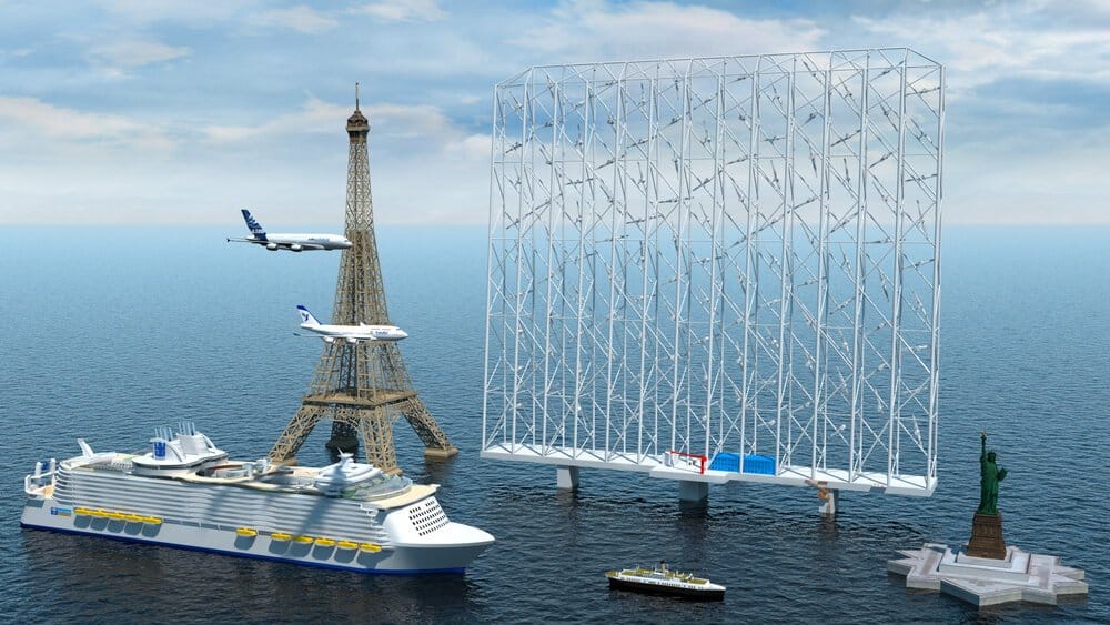 Aby zobrazować wielkość instalacji, obok Wind Catcher umieszczono wieżę Eiffla, statek, samoloty, Statuę Wolności. Obiekty są mniejsze niż Wind Catcher.