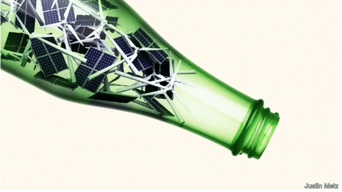 Grafika symbolizująca wąskie gardła w zielonej energii. Panele słoneczne w szyjce butelki. skie gard