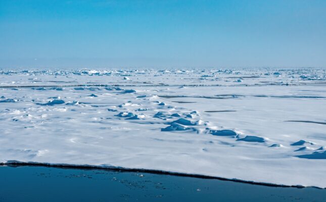 Surowy, arktyczny krajobraz archipelagu Svalbard z widokiem na góry i ocean.